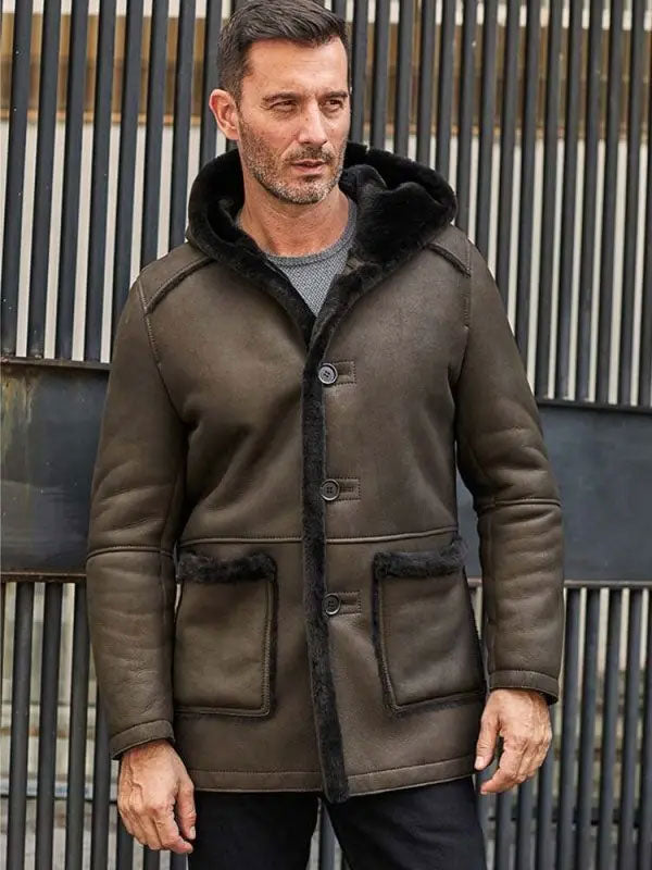 Men’s Green Leather Fur Coat with Hooded Wool Parkas