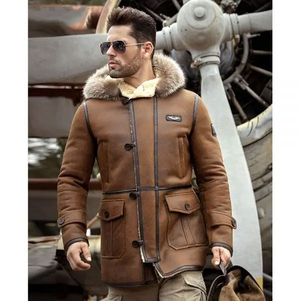 Men's Bomber Hooded Mink Fur Shearling Leather Long Jacket