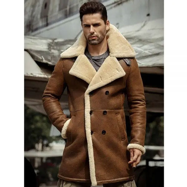 Men's Flight Sheepskin Shearling Aviator Leather Trench Coat