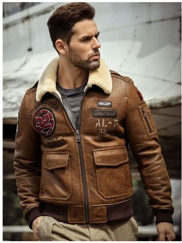 Men's B3 Flying Leather Coat Embroidered Bomber Jacket