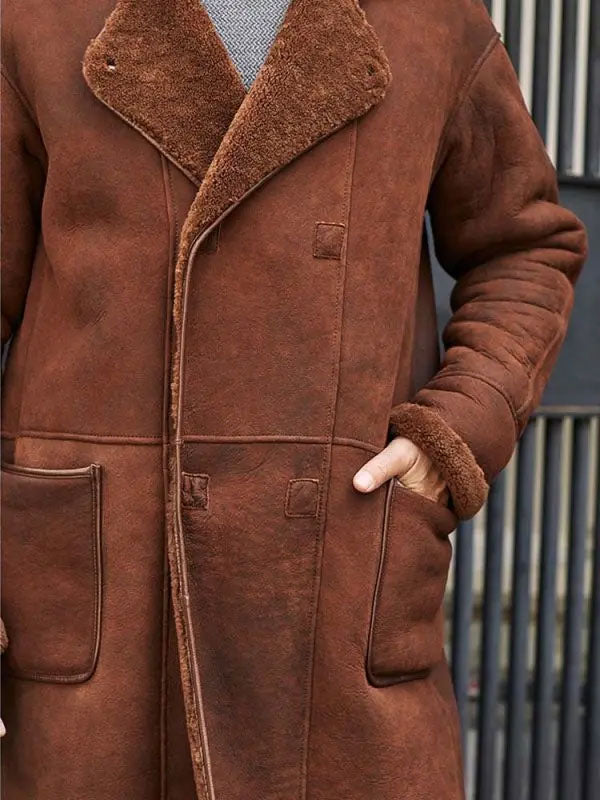 Winter Brown Fur Leather Long Trench Overcoat