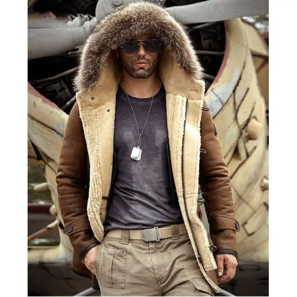 Men's Bomber Hooded Mink Fur Shearling Leather Long Jacket