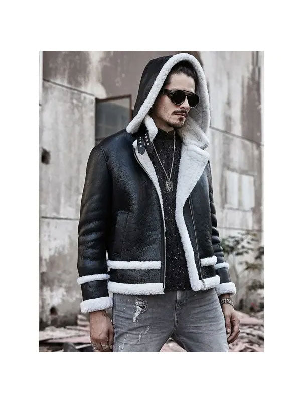 New Men’s Bomber Hooded Sheepskin Leather Jacket Short Coat