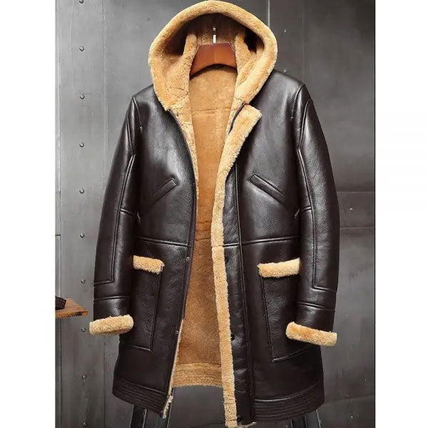 Men's RAF Hooded Shearling Sheepskin Leather Winter Coat