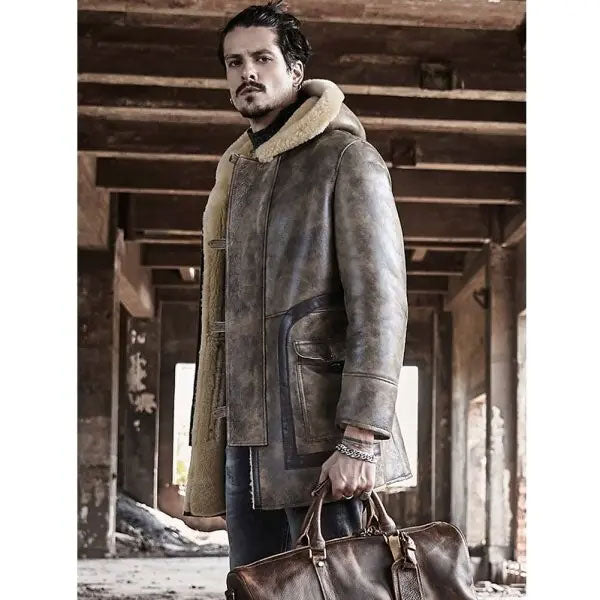 Men's Long Hooded Sheepskin Leather Winter Coat