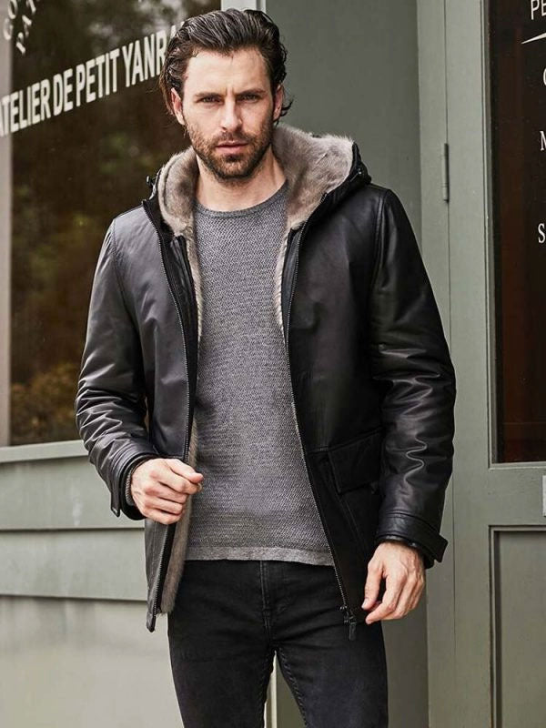 Men's Black Leather Fur Hooded Winter Overcoat