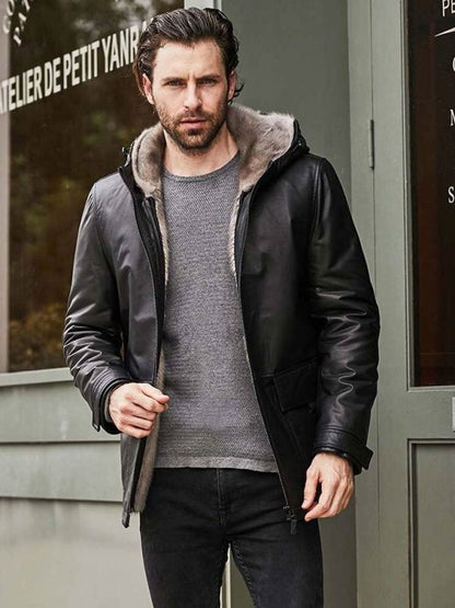 Men's Black Leather Fur Hooded Winter Overcoat