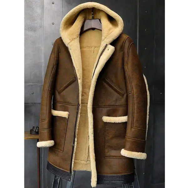 Men's Hooded Sheepskin Leather Fur Winter Coat