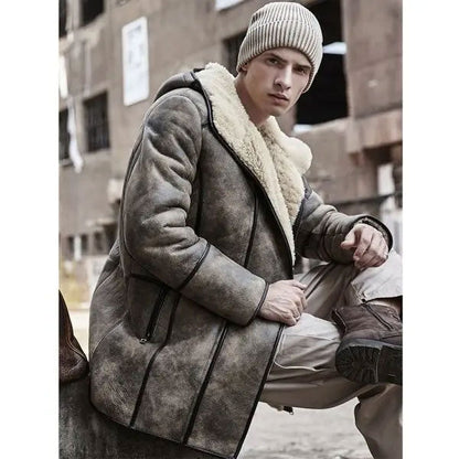 Men's Hooded Shearling Bomber Leather Long Winter Trench Coat