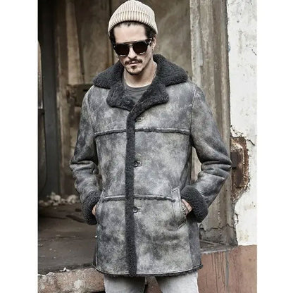 Men's Premium Hunting Leather Shearling Bomber Trench Coat