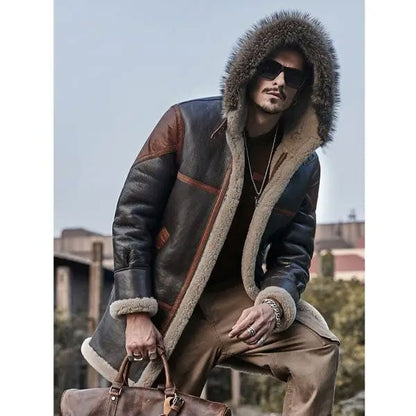 Men's Hooded Bomber Shearling Leather Trench Coat