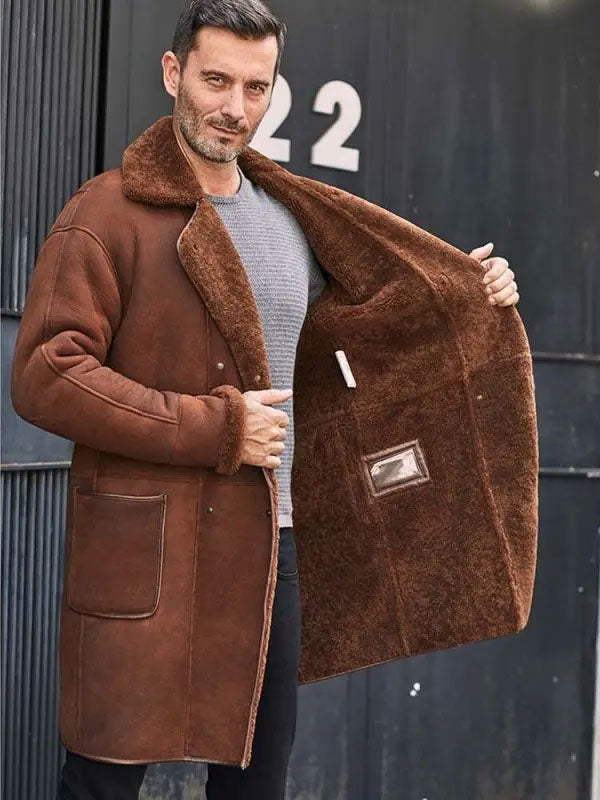 Winter Brown Fur Leather Long Trench Overcoat