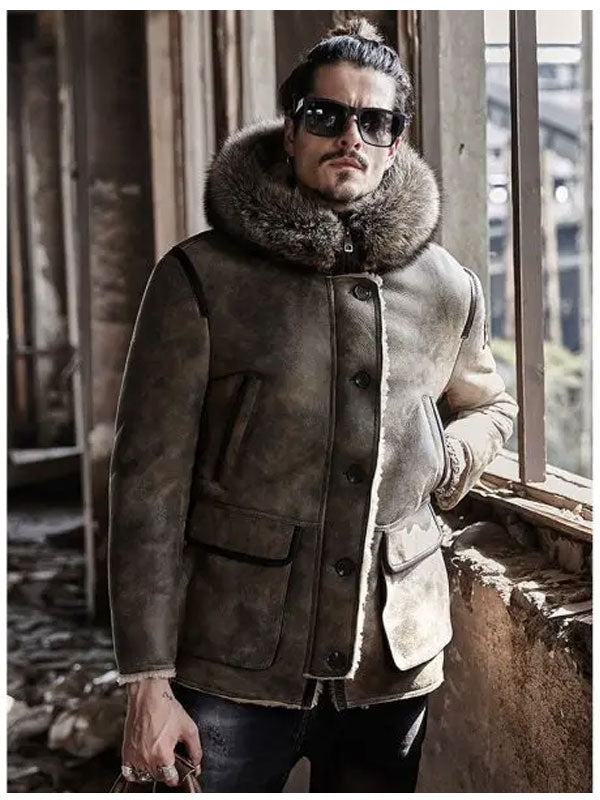 Men's Hooded Shearling Collar Leather Bomber Jacket