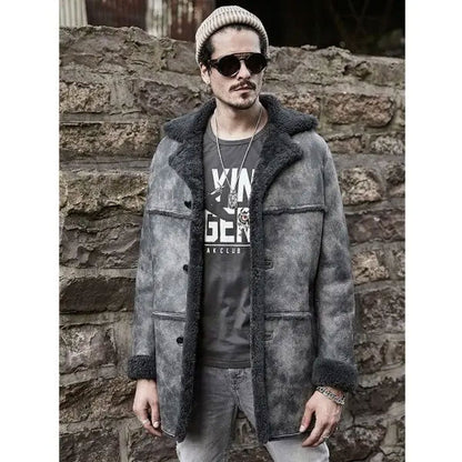 Men's Premium Hunting Leather Shearling Bomber Trench Coat