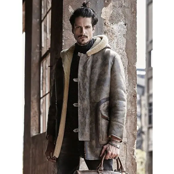 Men's Long Hooded Sheepskin Leather Winter Coat