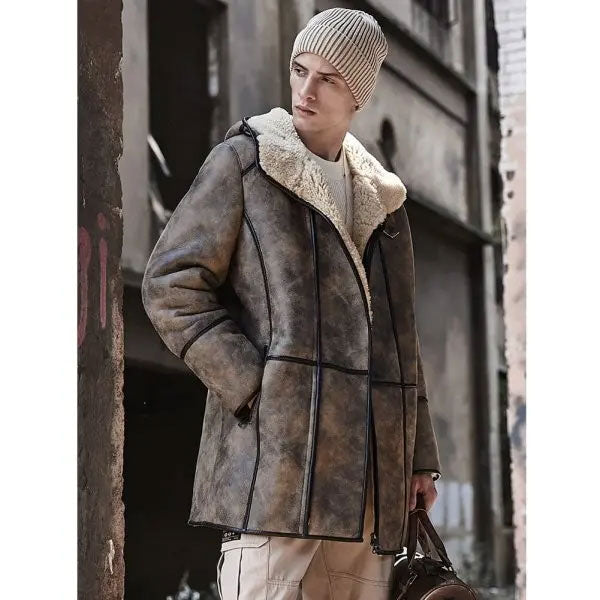 Men's Hooded Shearling Bomber Leather Long Winter Trench Coat