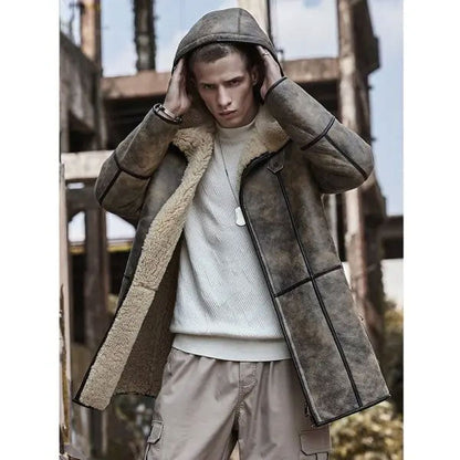 Men's Hooded Shearling Bomber Leather Long Winter Trench Coat