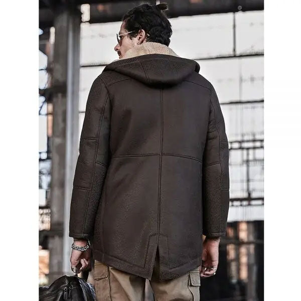 Men's Hooded Shearling Leather Long Trench Coat