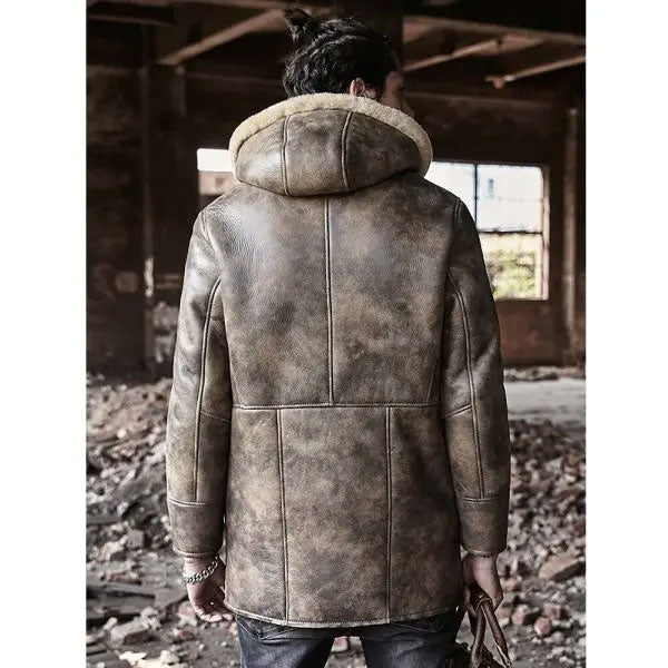 Men's Long Hooded Sheepskin Leather Winter Coat