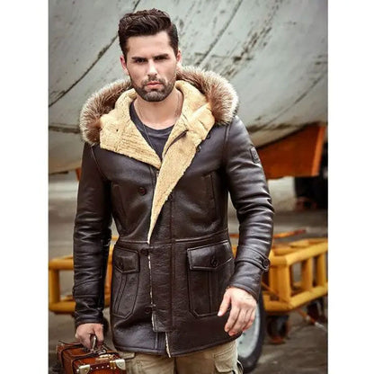 Men's Bomber Hooded Mink Fur Shearling Leather Long Jacket