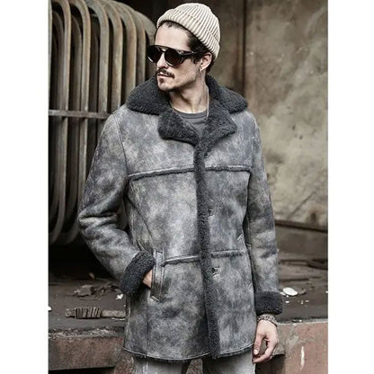 Men's Premium Hunting Leather Shearling Bomber Trench Coat