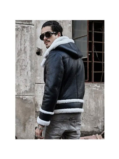 New Men’s Bomber Hooded Sheepskin Leather Jacket Short Coat