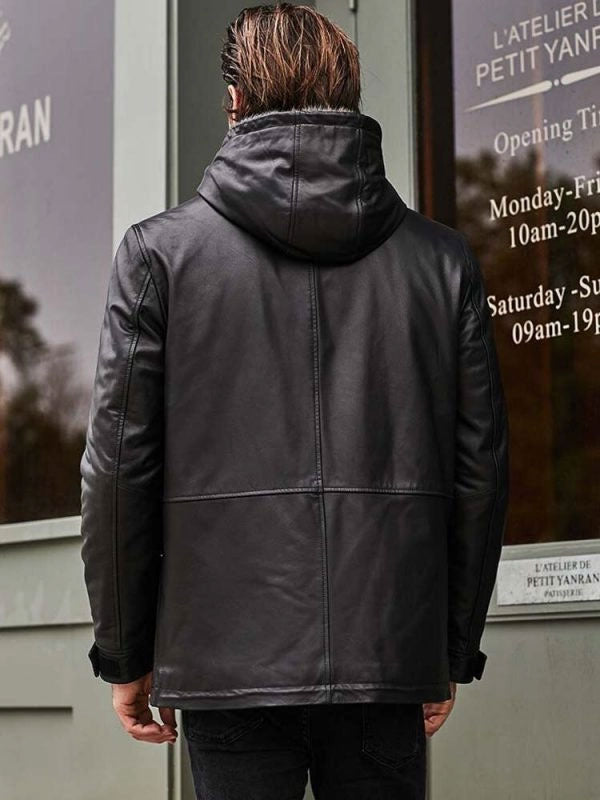 Men's Black Leather Fur Hooded Winter Overcoat