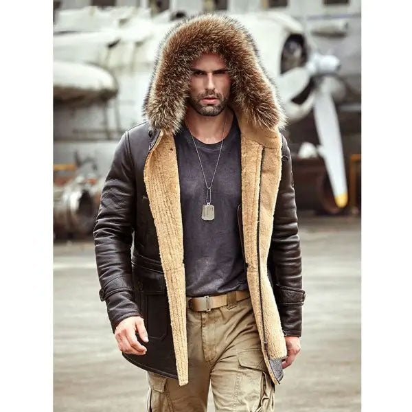 Men's Bomber Hooded Mink Fur Shearling Leather Long Jacket