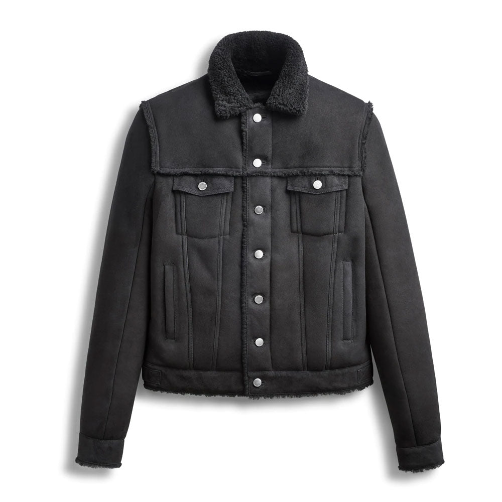 Men's Black Suede Shearling Leather Bomber Jacket