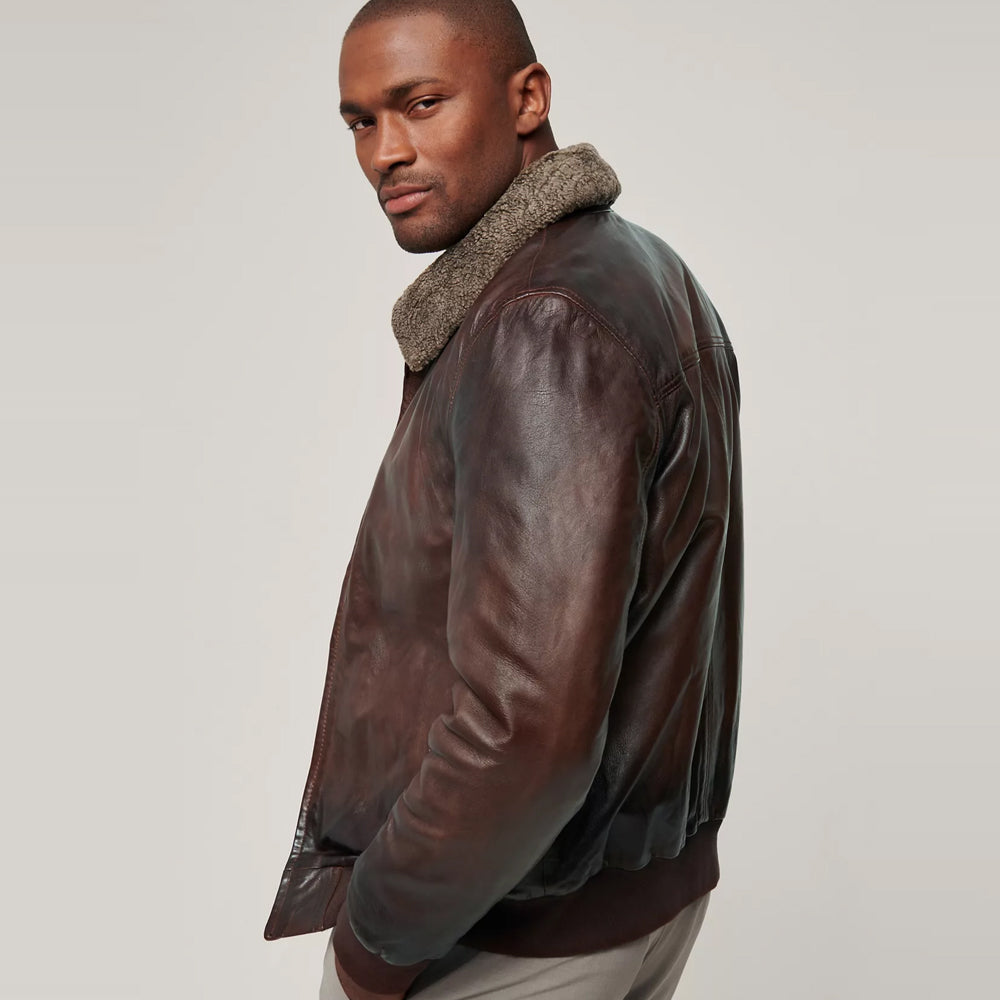 Men’s Brown Waxed Sheepskin Aviator Leather Bomber Jacket