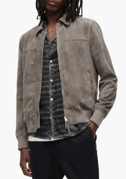 Men's Grey Suede Leather Bomber Jacket Modern Elegance