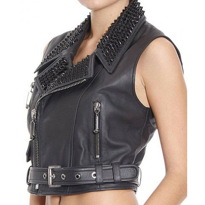 Women's Black Studded Leather Vest with Belted Waist