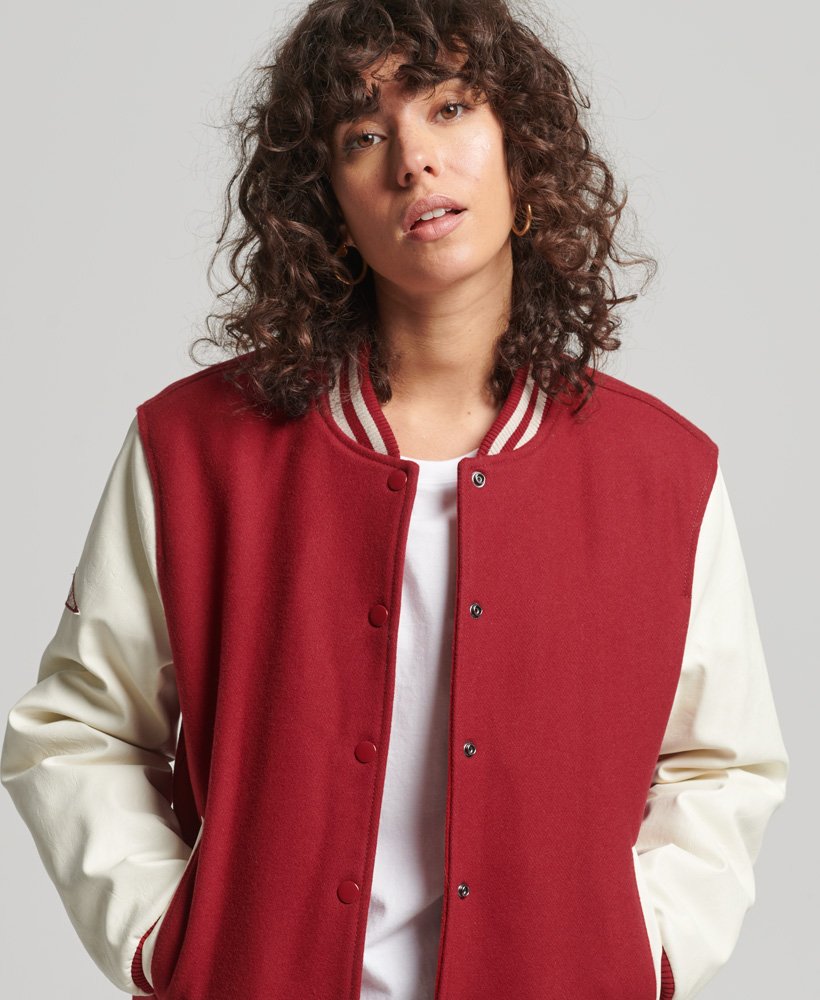 Women's Red & White Sleeves Varsity Bomber Leather Jacket