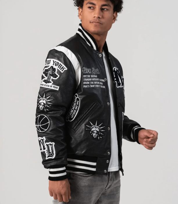 New York Limited Edition Letterman Bomber Leather Jacket in Black