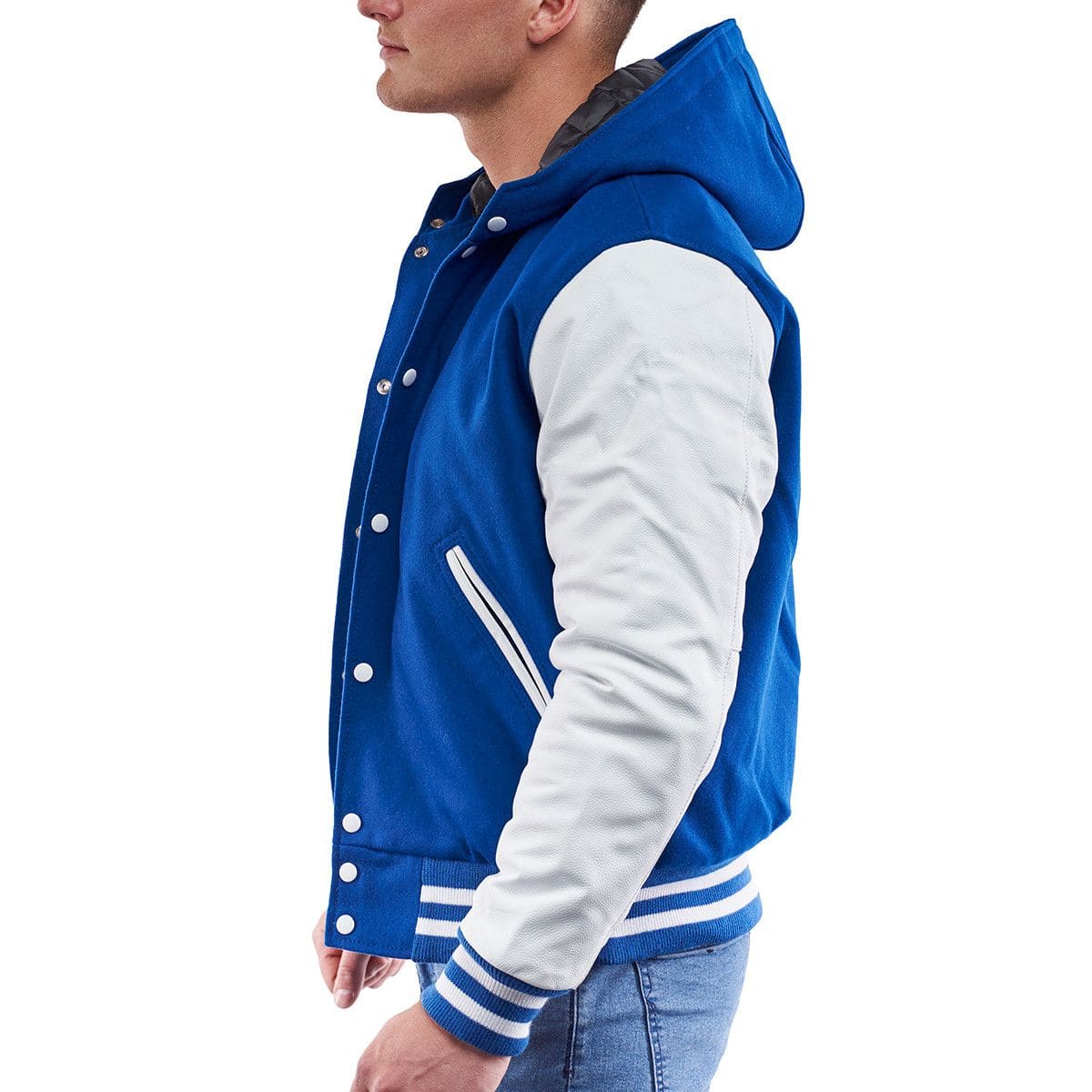 Men's Letterman Varsity Leather Jacket in Blue with Hood