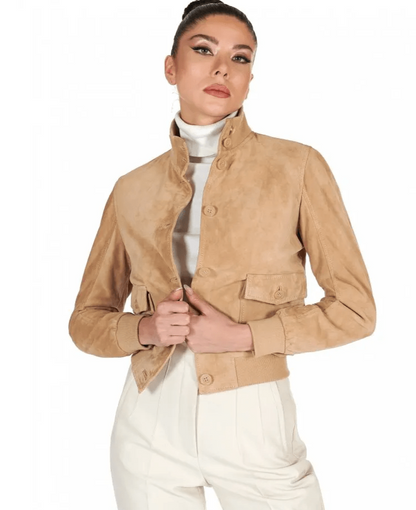 Women's Tan Brown Suede Trucker Bomber Leather Jacket