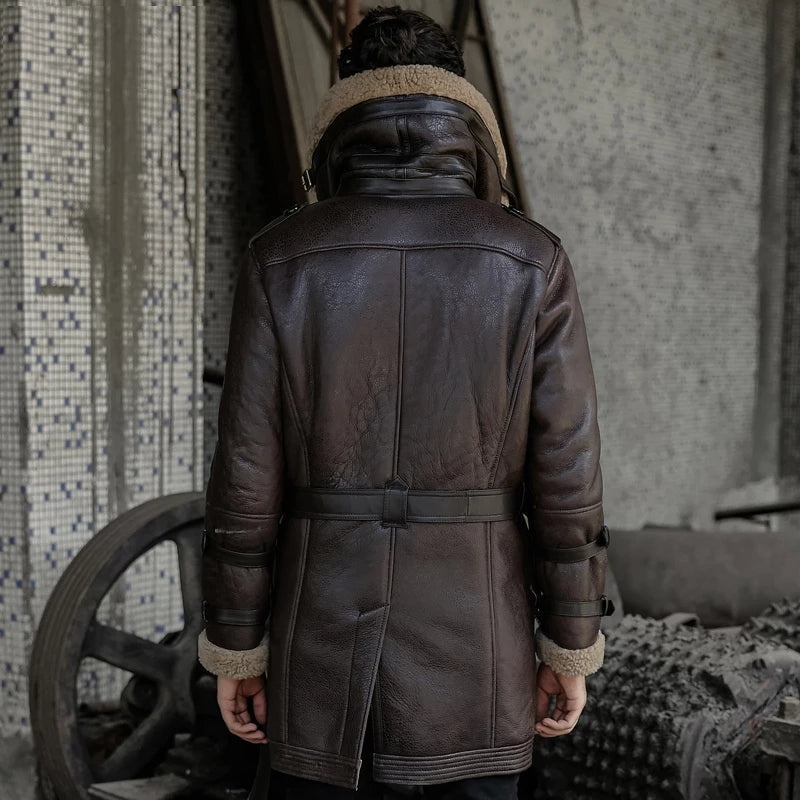 Men's Dark Brown B7 Bomber Sheepskin Leather Coat with Oversized Collar