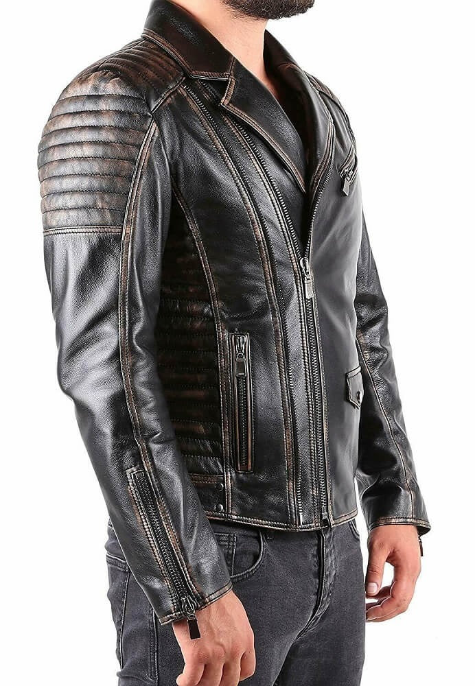 Men's Biker Distressed Leather Jacket in Black Bold Style, Timeless Durability