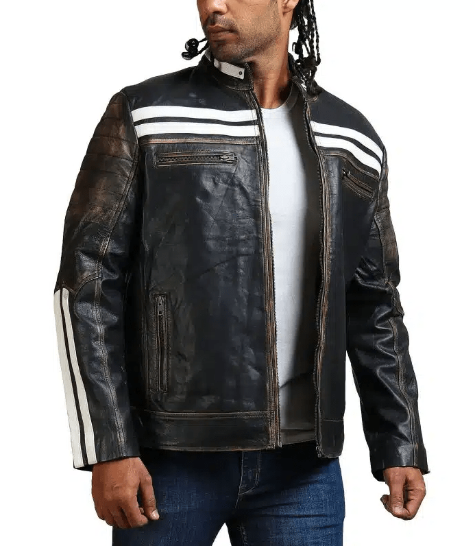 Men's Black Café Racer Biker Leather Jacket with White Straps