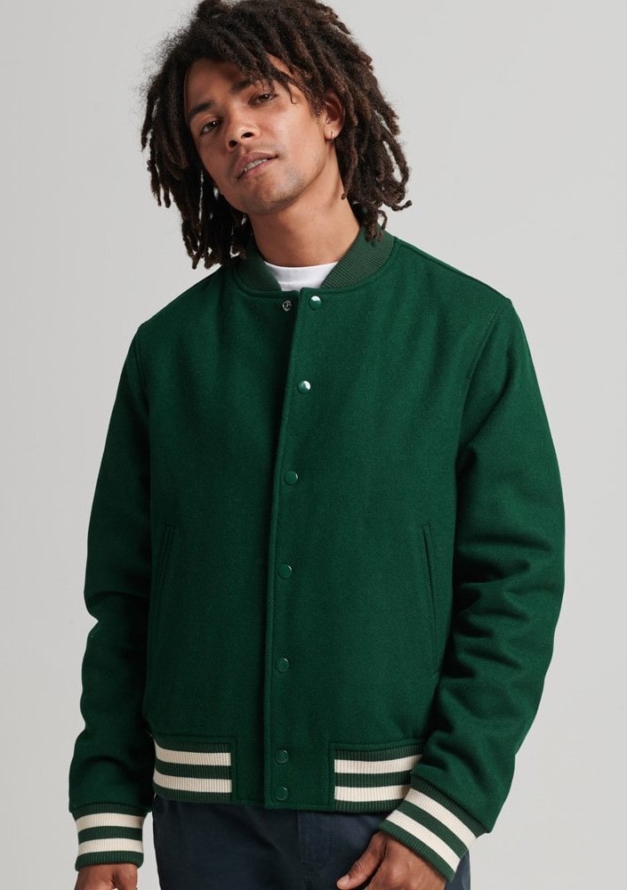 Men's Bomber Varsity Leather Jacket in Green