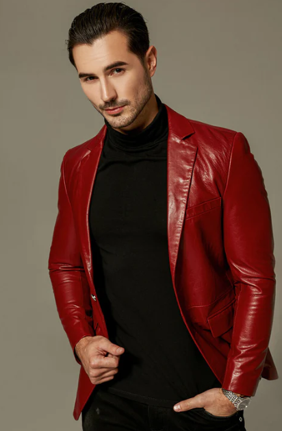 Men's Classic Leather Blazer in Red