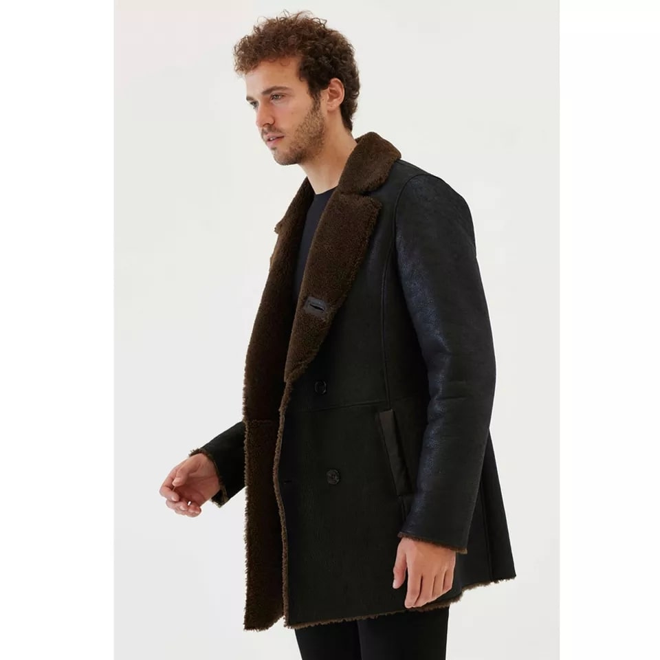 Men's Dark Brown Fur Shearling Leather Coat in Black