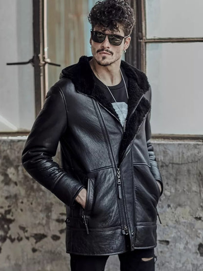 Men's Black Fur Shearling Leather Coat with Hood