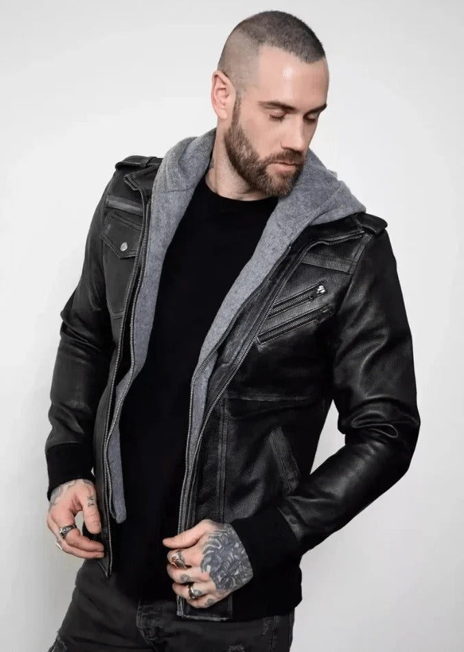 Men's Distressed Bomber Leather Jacket in Black Rugged Sophistication