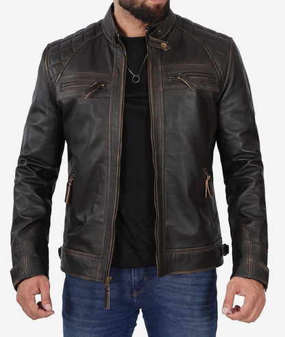 Men's Distressed Black Café Racer Leather Jacket