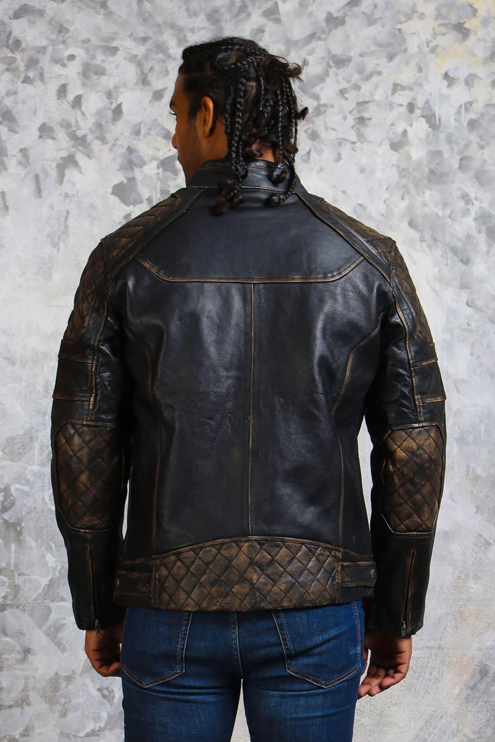 Men's Distressed Motorcycle Leather Jacket in Black