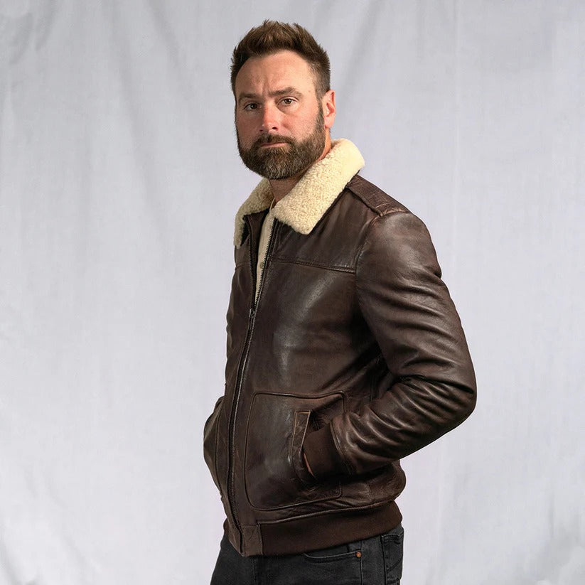 Men's Distressed Shearling Leather Jacket in Dark Brown Rugged Warmth, Timeless Style