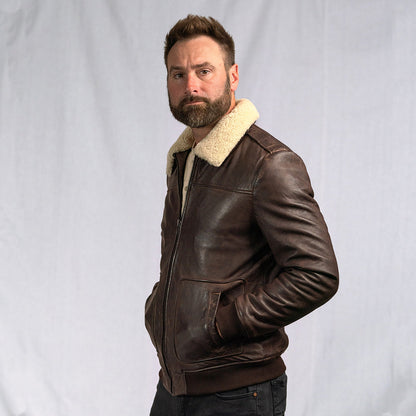 Men's Dark Brown Distressed Shearling Bomber Leather Jacket