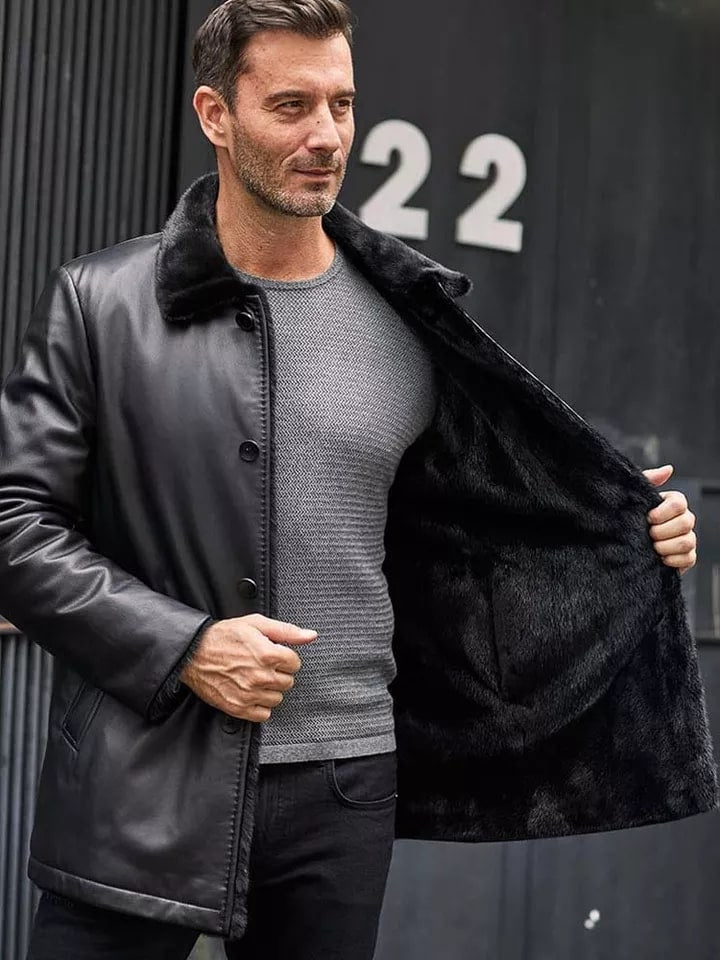 Men's Double-Sided Fur Shearling Leather Coat in Black