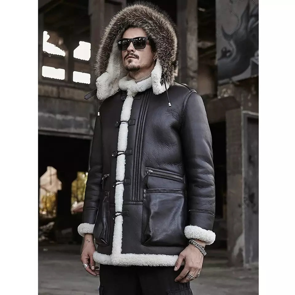 Men's Double Sided Shearling Fur Leather Coat In Dark Brown With Removable Hood